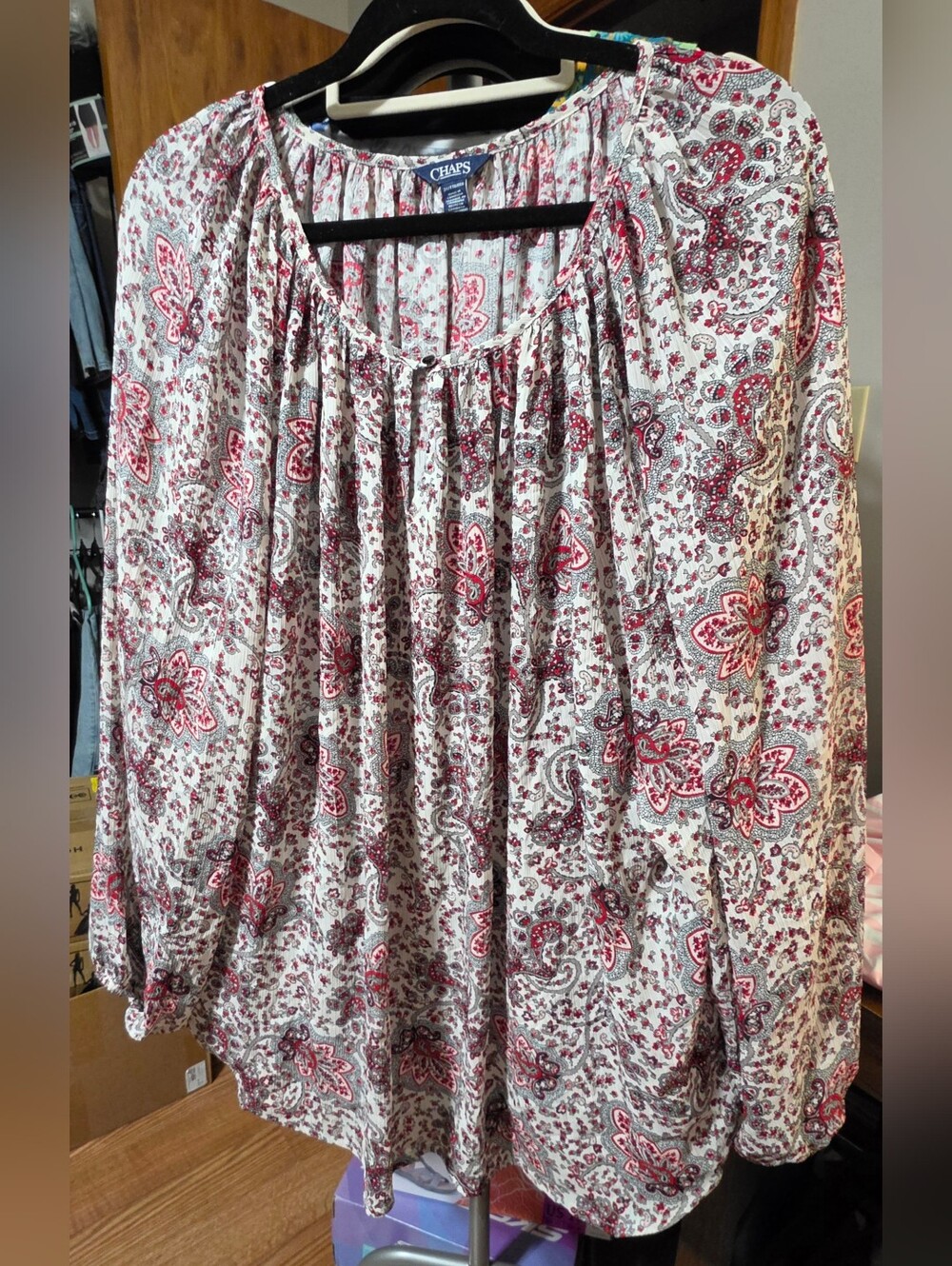 CHAPS Cream, Grey and Red Paisley Boho Peasant Blouse